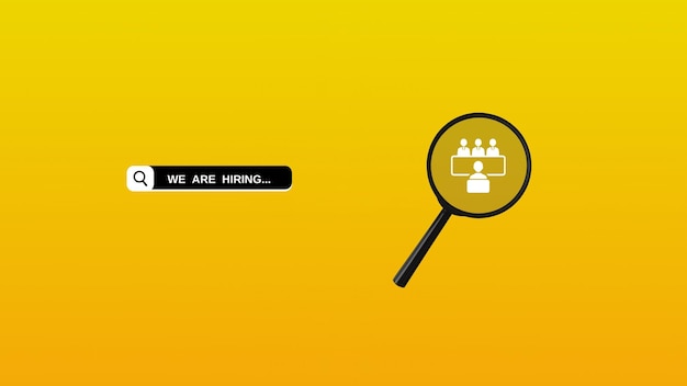 We are Hiring a design with a Magnifying Glass on a yellow background Minimal we are hiring