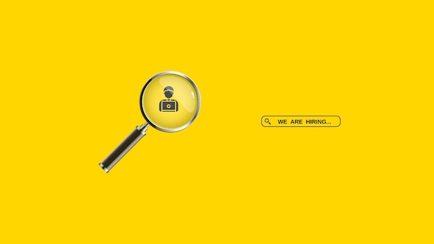 We are Hiring a design with a Magnifying Glass on a yellow background Minimal we are hiring