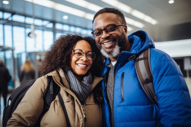 We going to trip Happy african couple smiling with passports and tickets at airport exterior