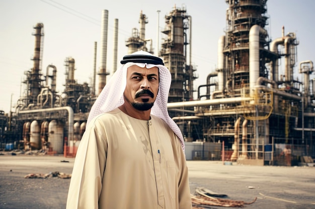 Wealth in Arab business sheikh at oil factory