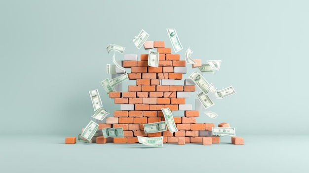 Photo wealth building brick wall with money 3d illustration construction concept copy space