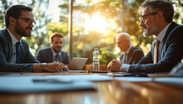 Photo wealth management discussion with financial advisors guiding clients professional environment sharp focus bright lighting