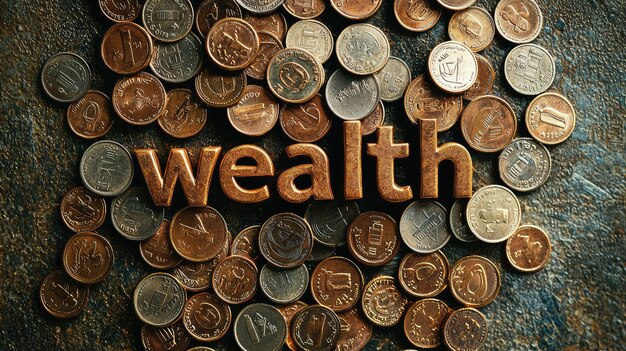 Photo wealth spelled out with coins creates striking visual of prosperity