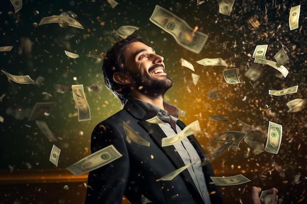 Wealthy Lottery Jackpot Winner Celebrating Under Money Rain Ai