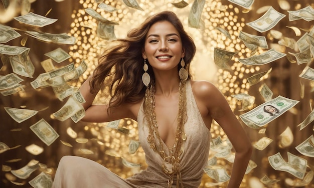 Wealthy young woman in a money swirl