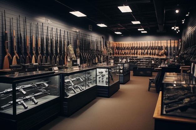 Weapon store with rows of rifles on display Generative AI