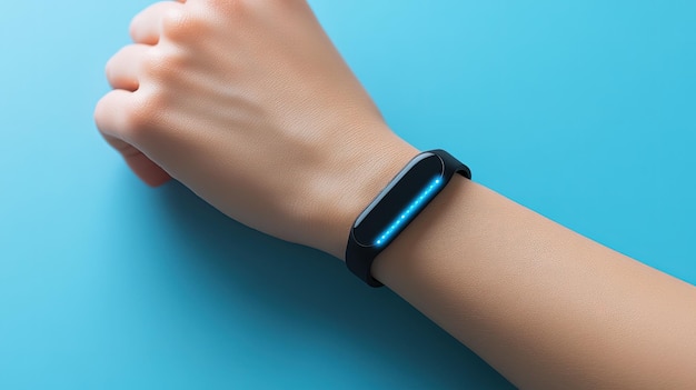 Wearable health monitor bracelet slim and black on a persons wrist softly glowing blue