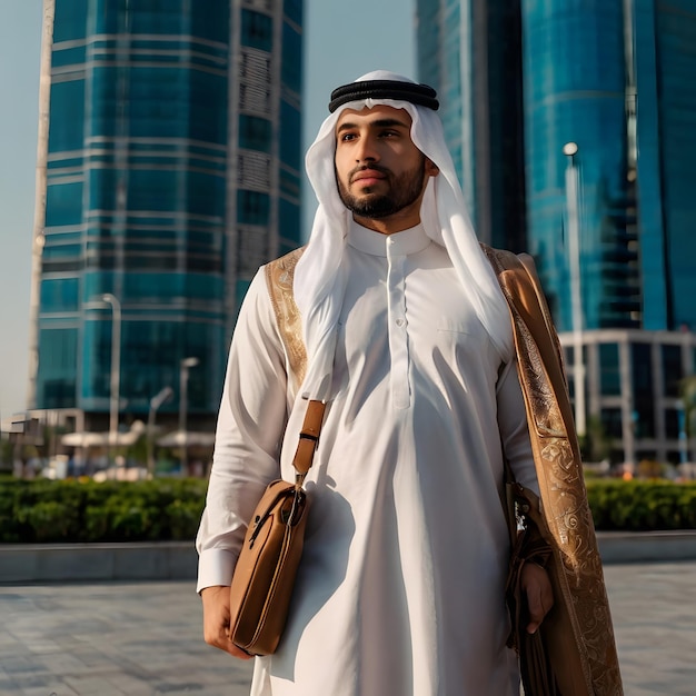 wearing arabian Dress businessmen with side pose sun glasses and office bag in office background