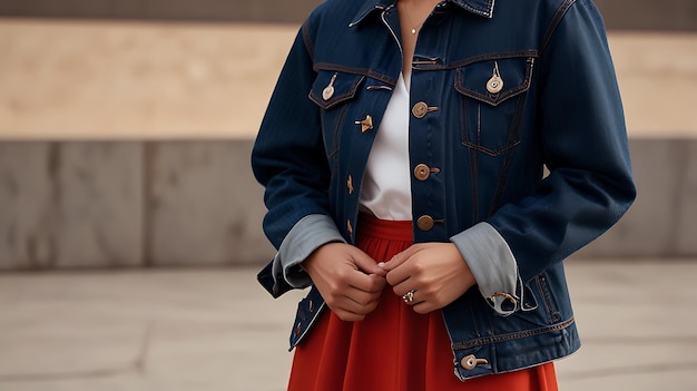 Photo wearing a blue denim jacket over a bright red dress