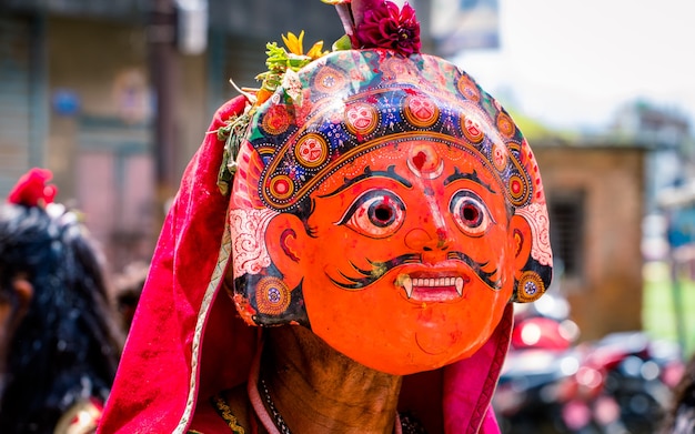 wearing face mask during traditional culture nil barahi dance festival nepal