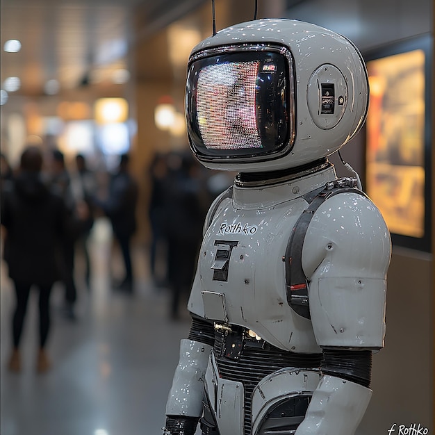 wearing an old television as his headA male robot is standing in the lobby of an office building d