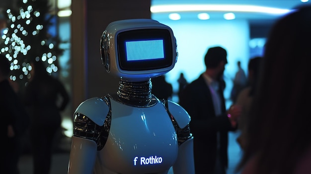 wearing an old television as his headA male robot is standing in the lobby of an office building d