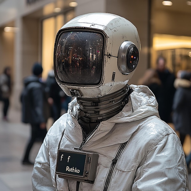 wearing an old television as his headA male robot is standing in the lobby of an office building d