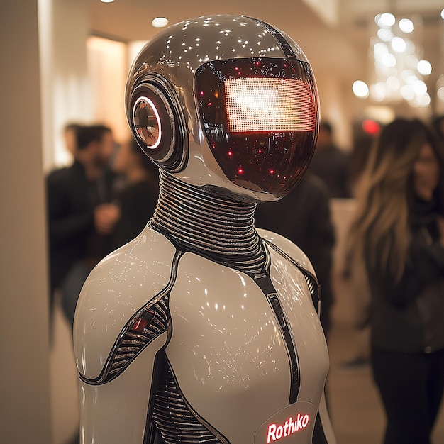 wearing an old television as his headA male robot is standing in the lobby of an office building d