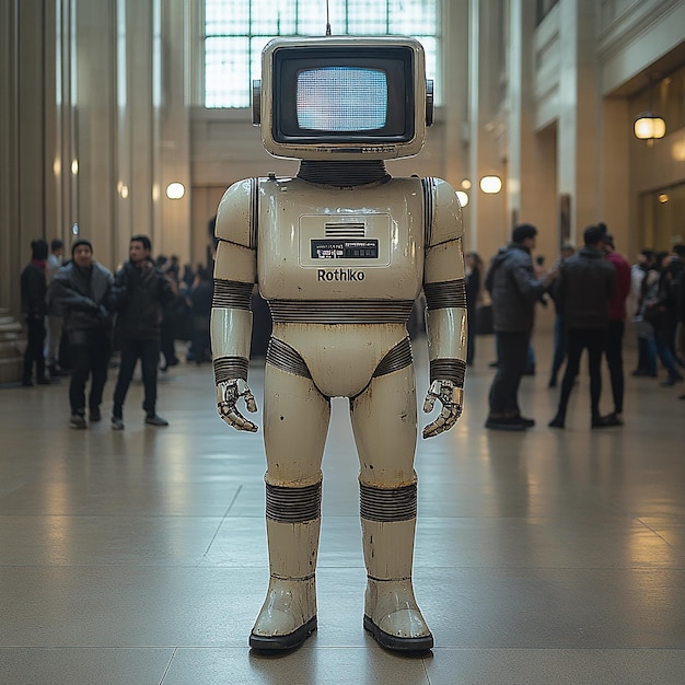 wearing an old television as his headA male robot is standing in the lobby of an office building d