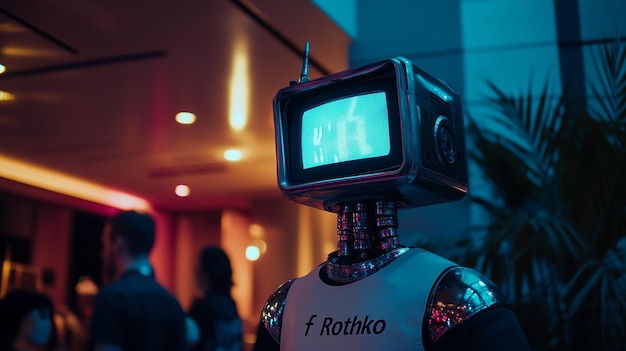 wearing an old television as his headA male robot is standing in the lobby of an office building d