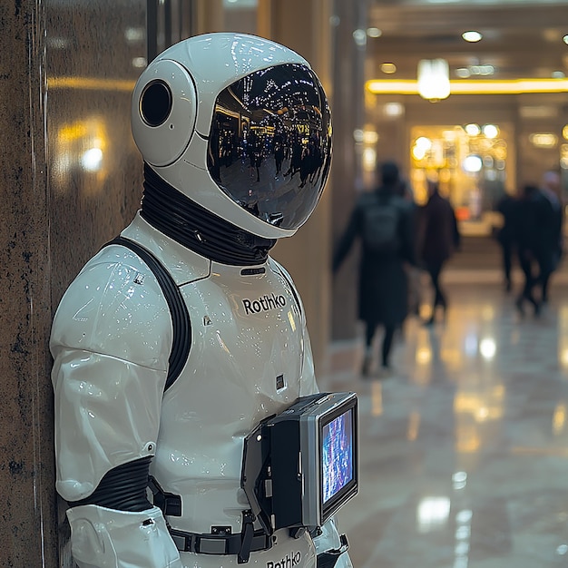 wearing an old television as his headA male robot is standing in the lobby of an office building d