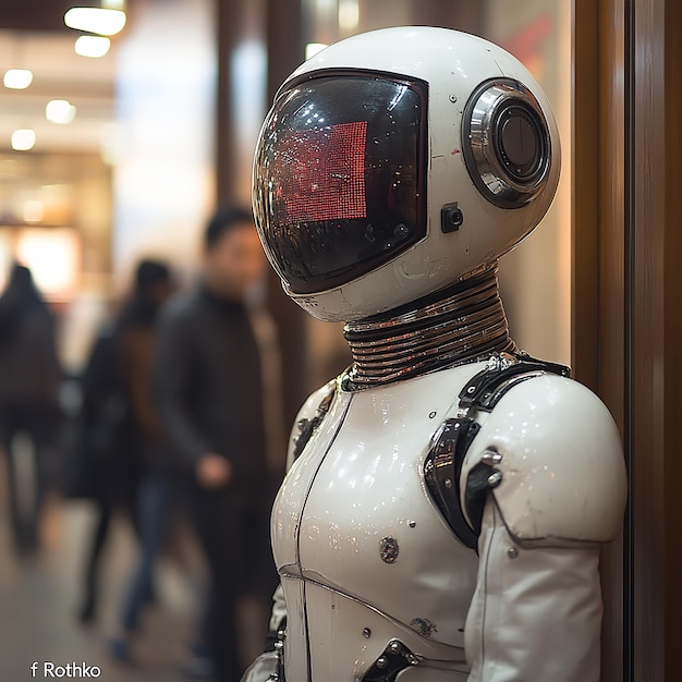 wearing an old television as his headA male robot is standing in the lobby of an office building d