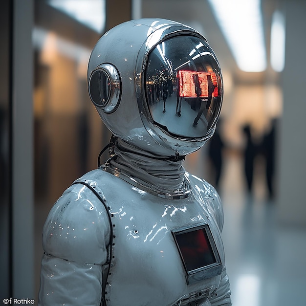 wearing an old television as his headA male robot is standing in the lobby of an office building d