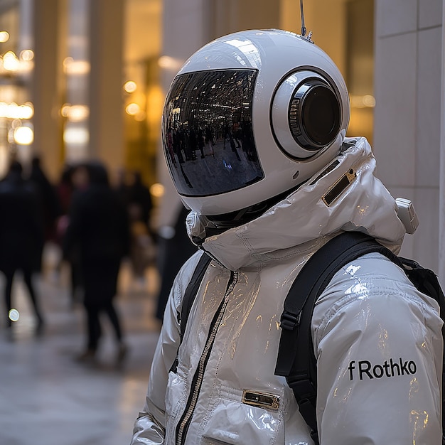 wearing an old television as his headA male robot is standing in the lobby of an office building d