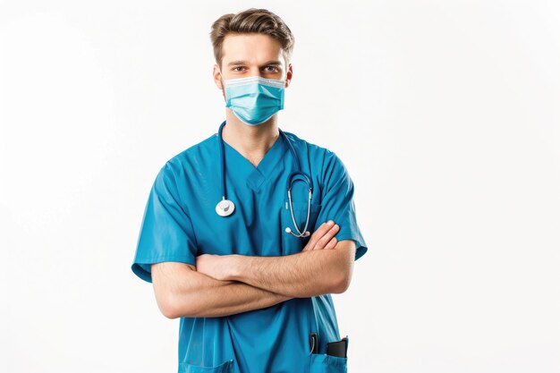 Wearing Scrubs Confident Male Doctor In Uniform With Stethoscope And Mask