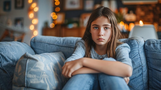 A weary and dejected teenage girl sits alone on her couch feeling overwhelmed and isolated due to psychological struggles