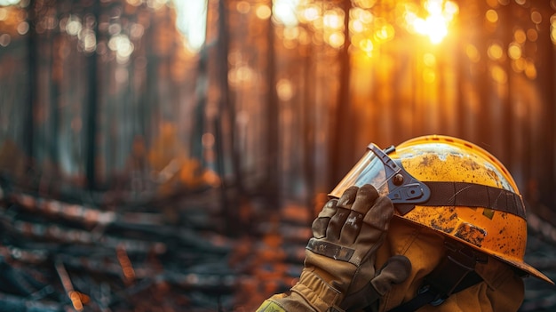 A weary firefighter holds their helmet reflecting on the charred forest around them