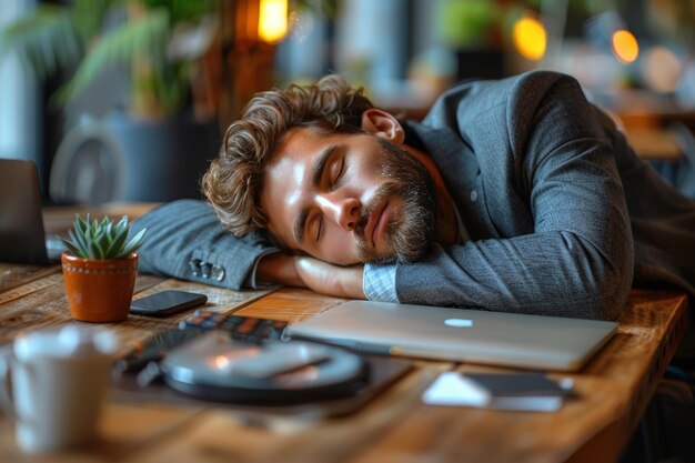 Photo weary middle manager rests on desk sleeping in formal attire in bright office