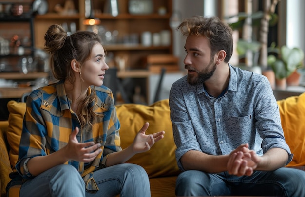 A weary woman on a couch gestures to silence her talking husband at home