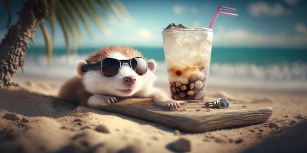 Weasel is on summer vacation at seaside resort and relaxing on summer beach