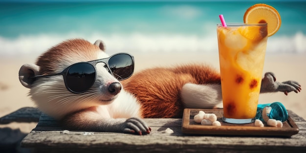 Weasel is on summer vacation at seaside resort and relaxing on summer beach