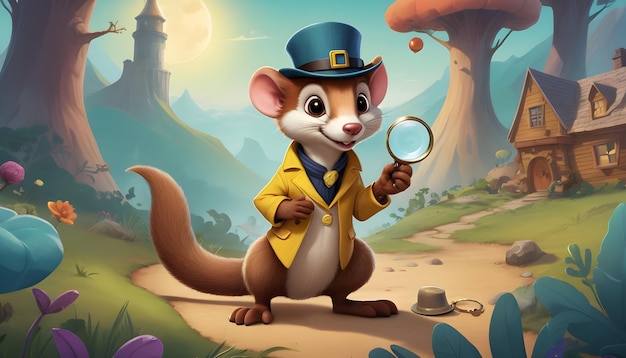 the Weasel with a magnifying glass and detective hat investigating clues