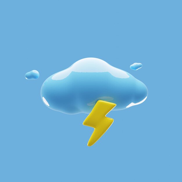 Weather icon cloud with blue color and yellow lightning 3d rendering