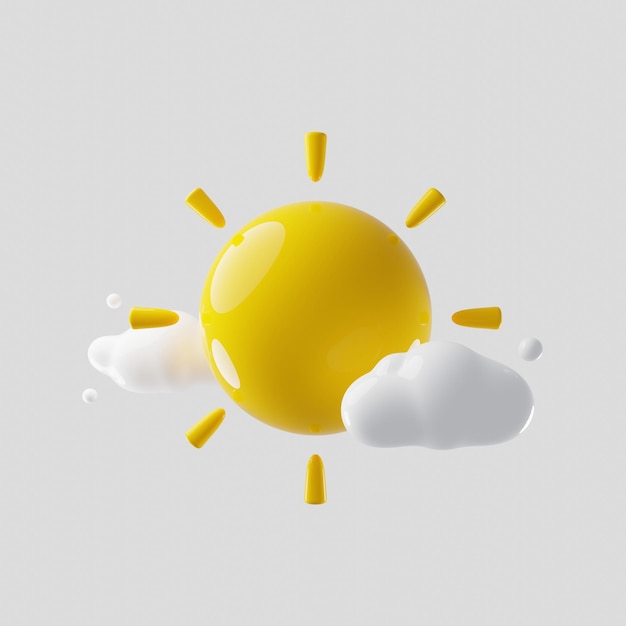 Weather icon sun and white clouds 3d rendering