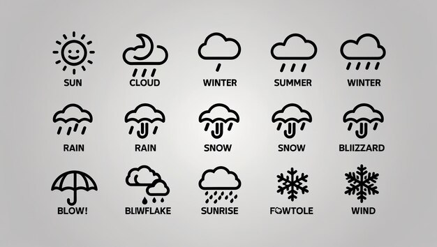 Photo weather icons depicting various climatic conditions and elements