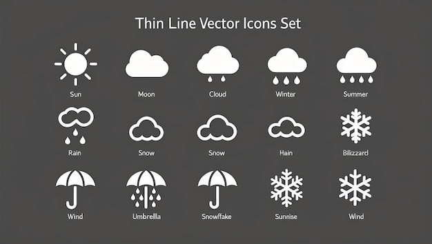 Photo weather icons depicting various climatic conditions and elements