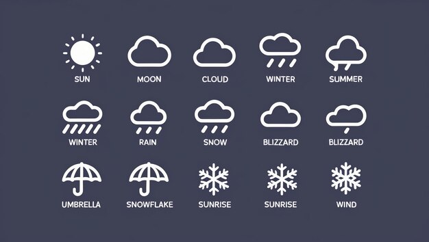 Photo weather icons depicting various climatic conditions and elements