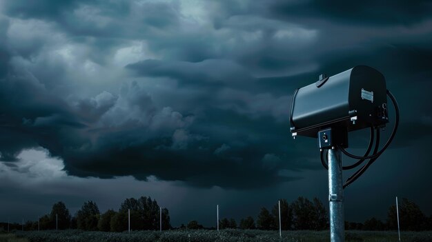 Weather station measuring wind speed under dramatic storm clouds