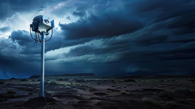 Weather station measuring wind speed during storm with lightning