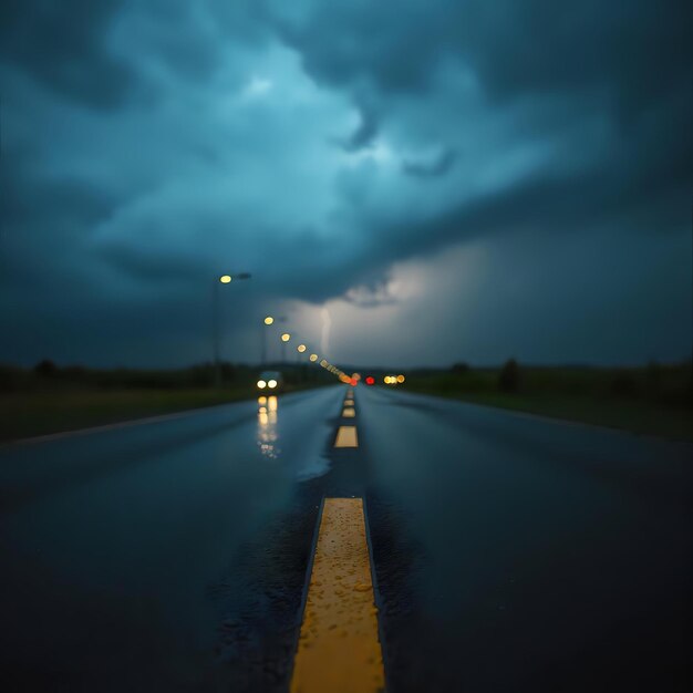 Weather of Stormy Night with Wet Asphalt Road