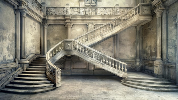 A weathered and abandoned grand staircase in a forgotten palace