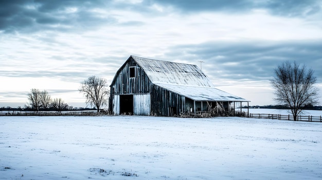 Photo a weathered barn sits alone in a snowy field