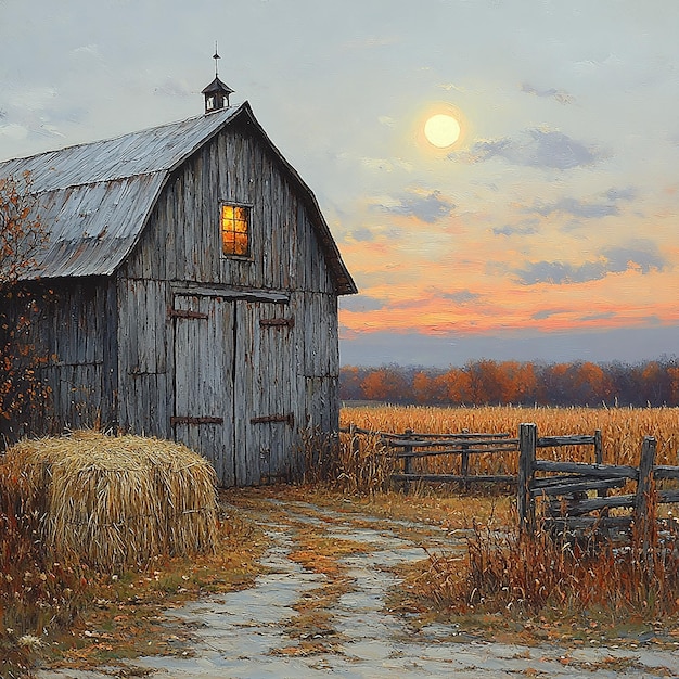 A weathered barn in soft moonlight surrounded by hay bales and a rustic wooden fence A few dried c