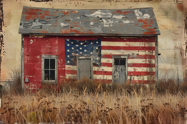 Photo weathered barn with american flag mural amidst tall grass