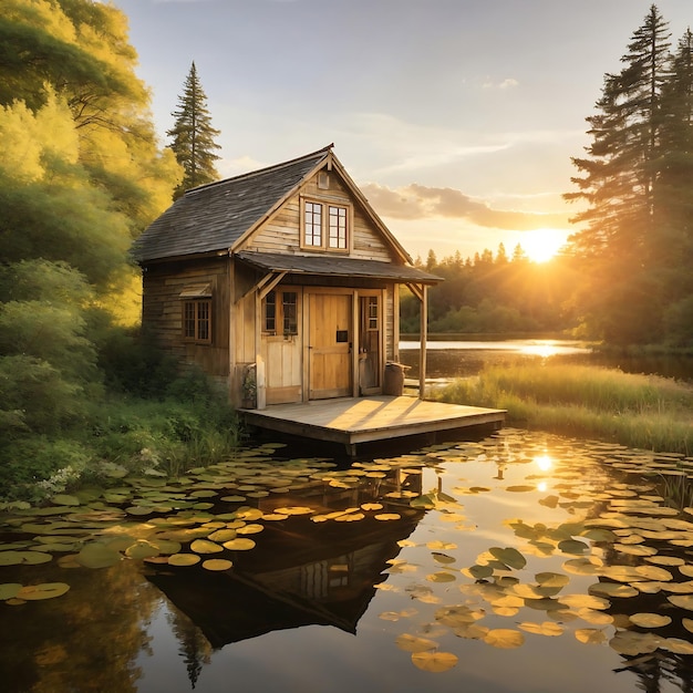 Weathered boathouse sits atop a tranquil pond surrounded by lush rustic nature Ai Generated