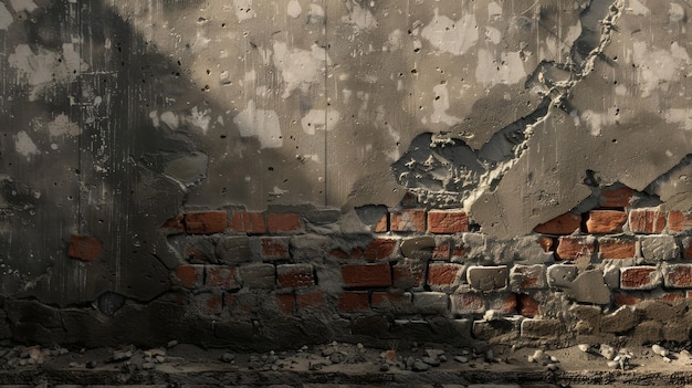 A weathered brick wall showing character and history with sections of crumbling plaster revealing the red bricks underneath in a soft golden light