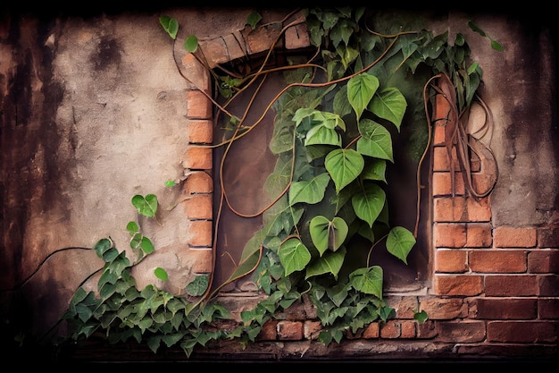 A weathered brick wall with ivy growing over it creating a natural and serene environment