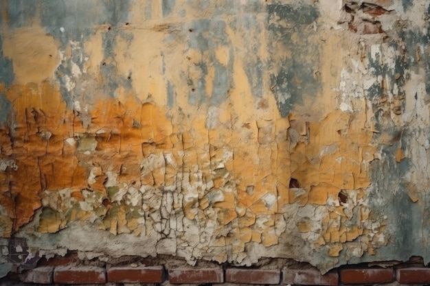 Weathered brick wall with peeling paint