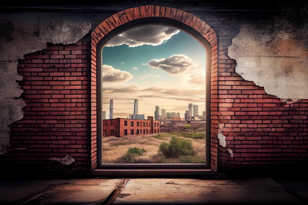 A weathered brick wall with a view of an industrial landscape