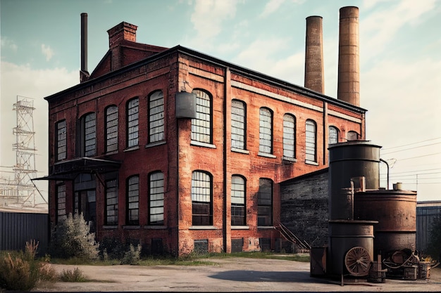 A weathered brick wall with a vintage factory in the background showcasing its industrial history